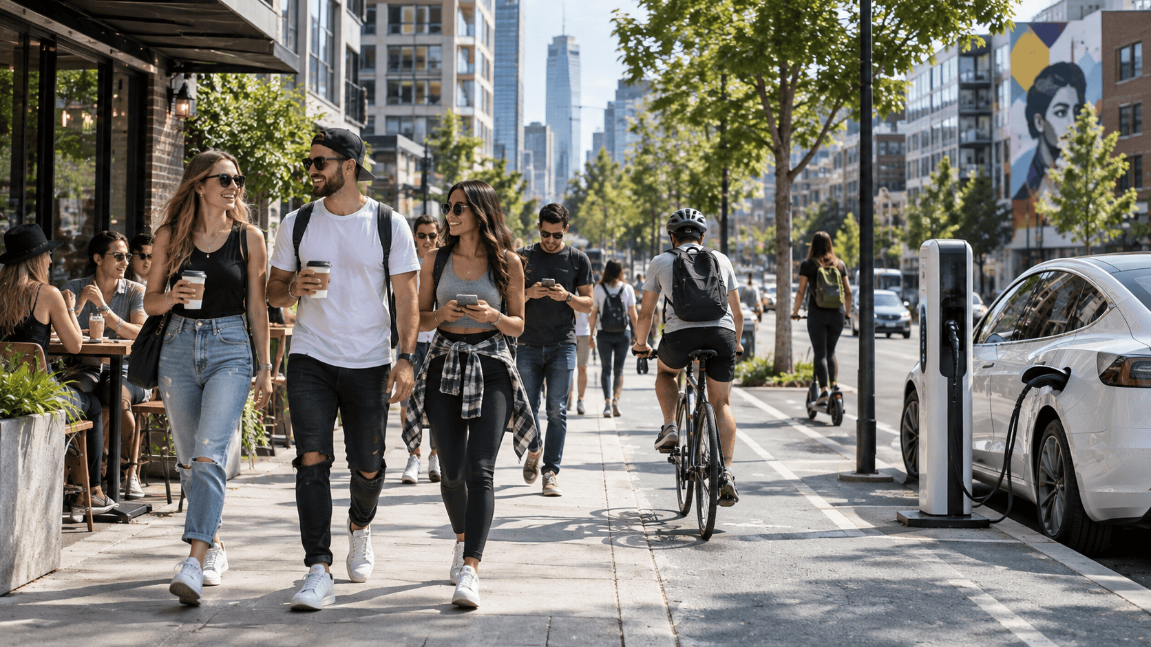 late 2010s daytime city street with athleisure fashion, streetwear, reusable coffee cups, bicycles and electric car charging