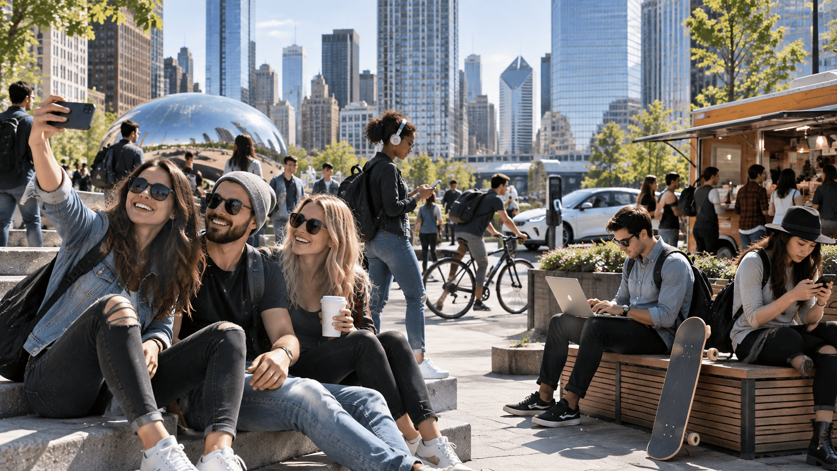 2010s daytime city lifestyle with friends taking a smartphone selfie, laptop users, cyclists, headphones and mobile technology