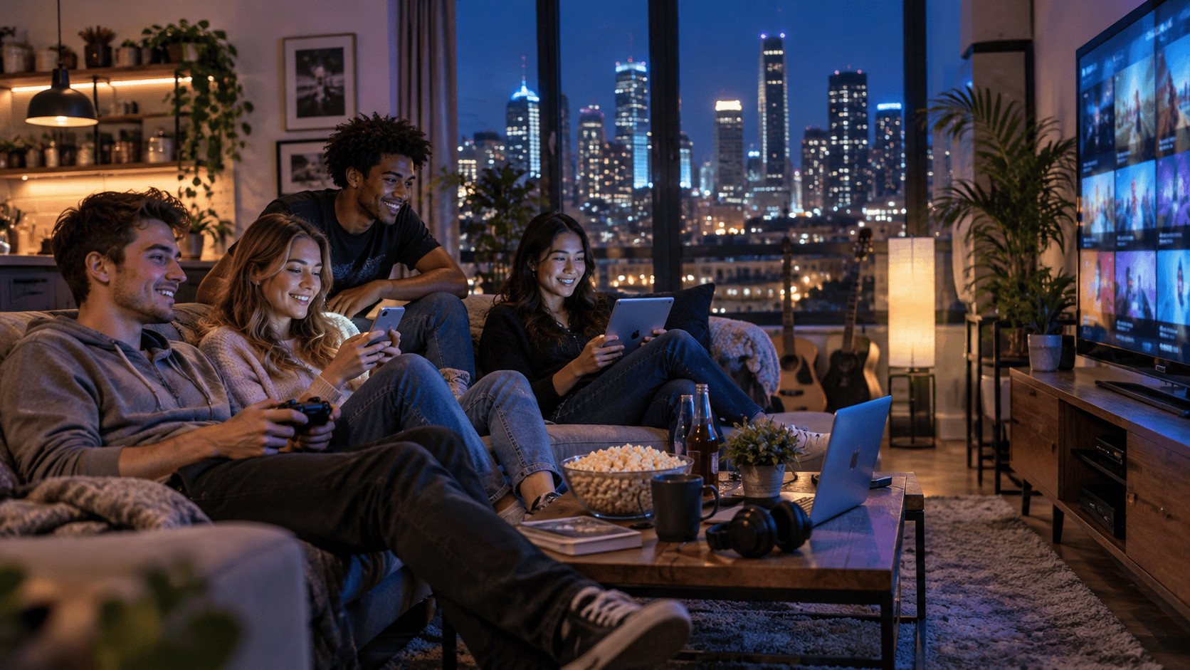 2010s apartment at night with friends using smartphones, tablet, laptop, game controller and streaming television